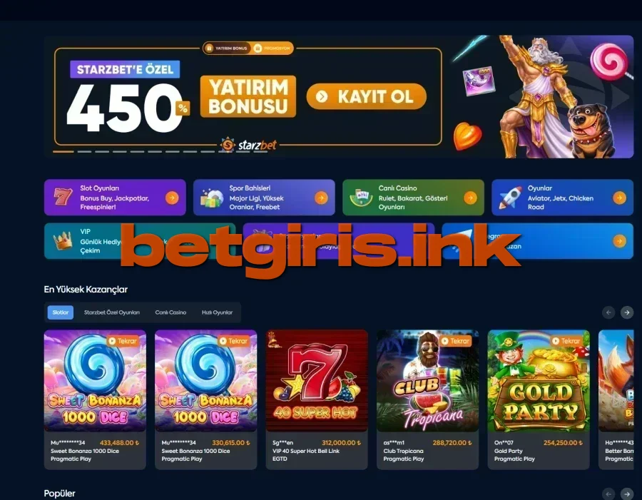 Starzbet ana sayfa görünümü